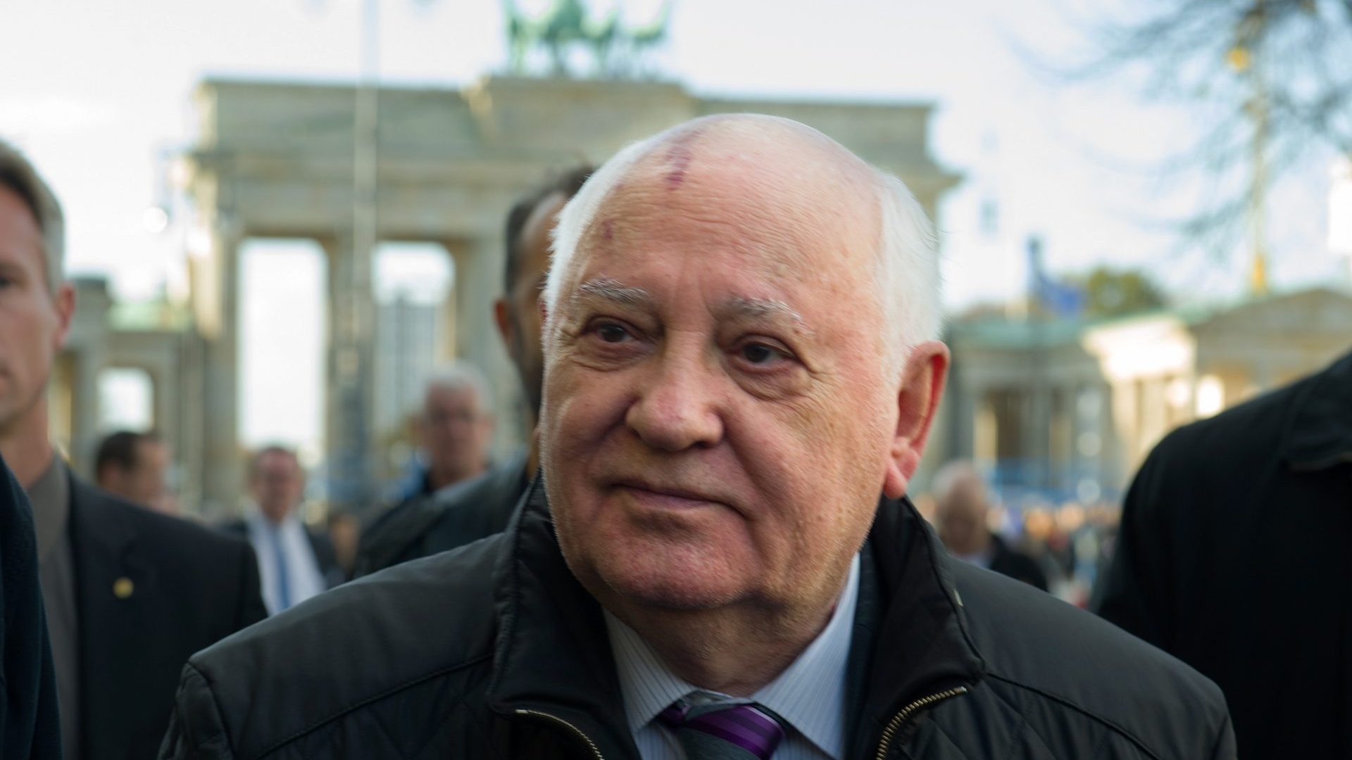 Former soviet leader Mikhail Gorbatchev walks across the Pariser Platz near the Brandenburg Gate on the eve of the 25th anniversary of the fall of the Berlin Wall. Photo: Target Presse Agentur Gmbh/Getty Images