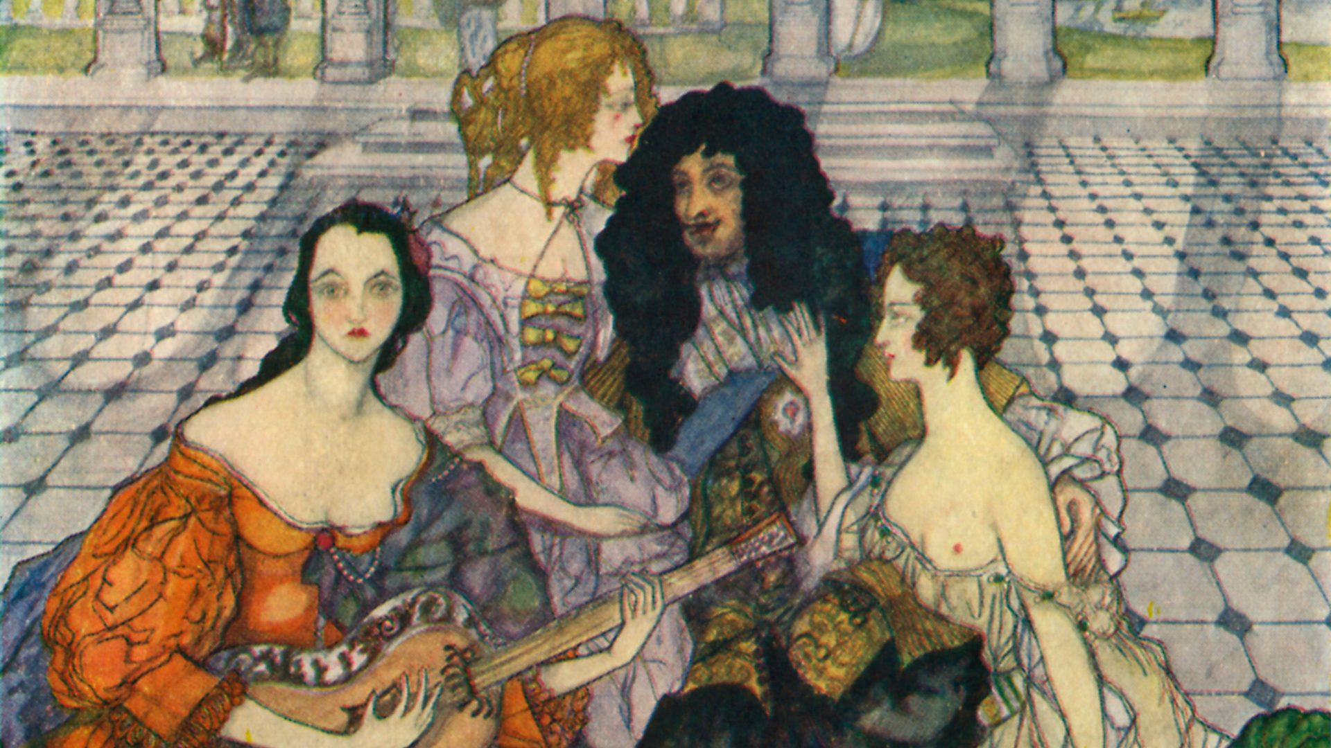 A 1926 illustration by Kitty Shannon of Charles II and his mistresses Nell Gwynn, Louise de Kérouaille and Hortense Mancini. Photo: Culture Club/Getty