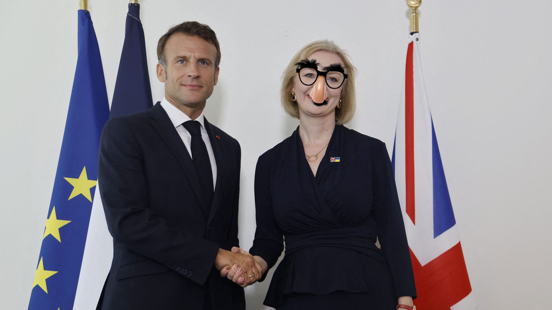 Emmanuel Macron discussed his pan-European forum idea with (an undisguised) Liz Truss at UN headquarters in New York on September 20. Photo: Ludovic Marin/AFP/Getty; 
Montage: TNE