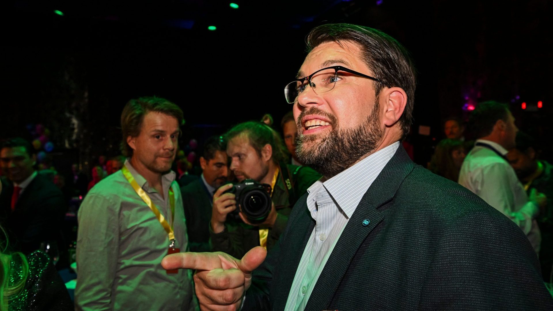The leader of the Sweden Democrats Jimmie Akesson celebrates at the party's election watch in Nacka, near Stockholm late Sunday evening on September 11, 2022. Photo: JONATHAN NACKSTRAND/AFP via Getty Images