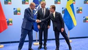 Turkish President Tayyip Erdogan and Swedish Prime Minister Ulf Kristersson shake hands next to NATO Secretary-General Jens Stoltenberg prior to their meeting, on the eve of a NATO summit, in Vilnius. Photo: HENRIK MONTGOMERY/TT NEWS AGENCY/AFP via Getty Images