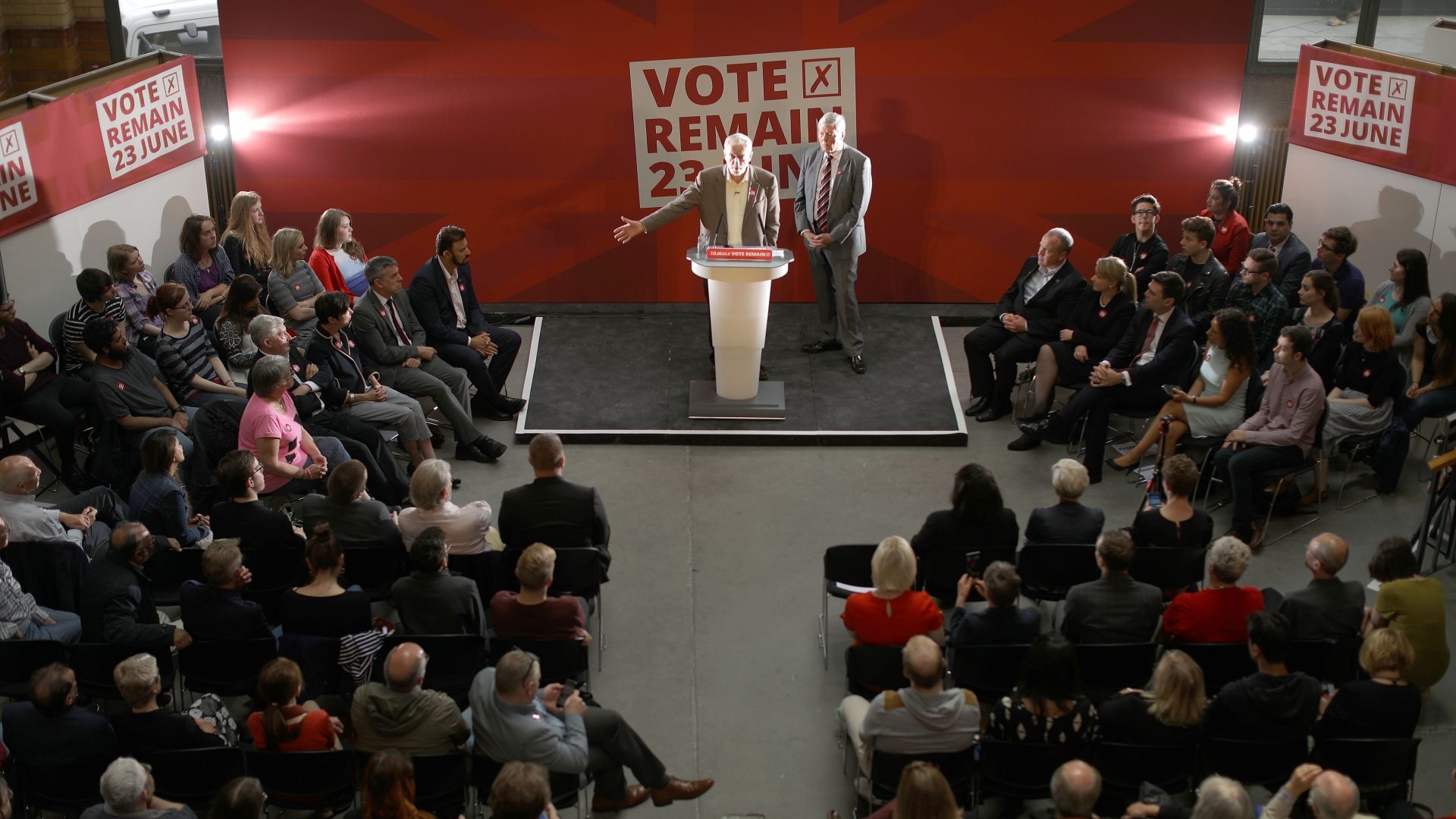 Alan Johnson with Jeremy Corbyn at a Remain event in Manchester in 2016 just before the referendum. Johnson thinks even a fully-onside Corbyn would not have swung the vote. Photo: Christopher Furlong/
Getty