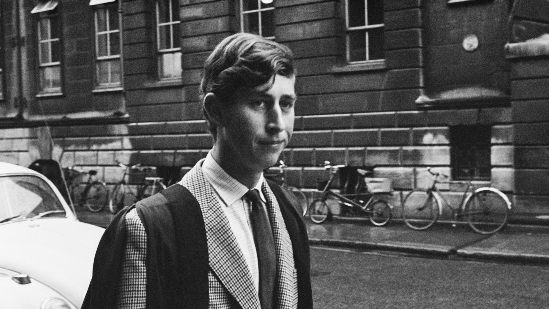  Prince Charles walking in Downing Street, Cambridge, UK, 12th October 1967. He is beginning his term at Trinity College. Photo: Peter Dunne/Daily Express/Getty Images
