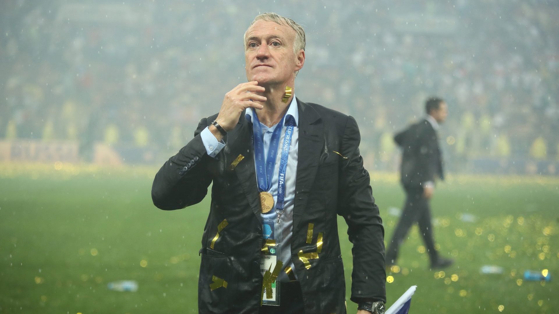 Les Bleus head coach Didier Deschamps celebrates his side’s 2018 World Cup victory. Photo: Matthew Ashton/AMA
