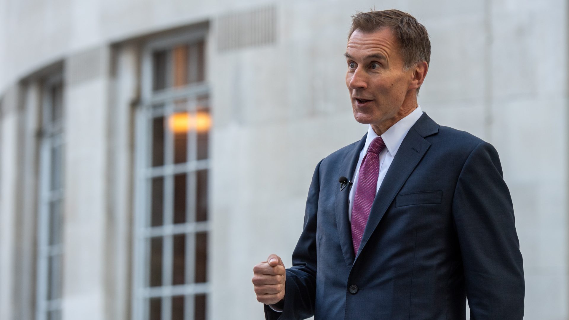 Chancellor of the Exchequer, Jeremy Hunt, takes part in a TV interview outside BBC Broadcasting House (Photo by Chris J Ratcliffe/Getty Images)