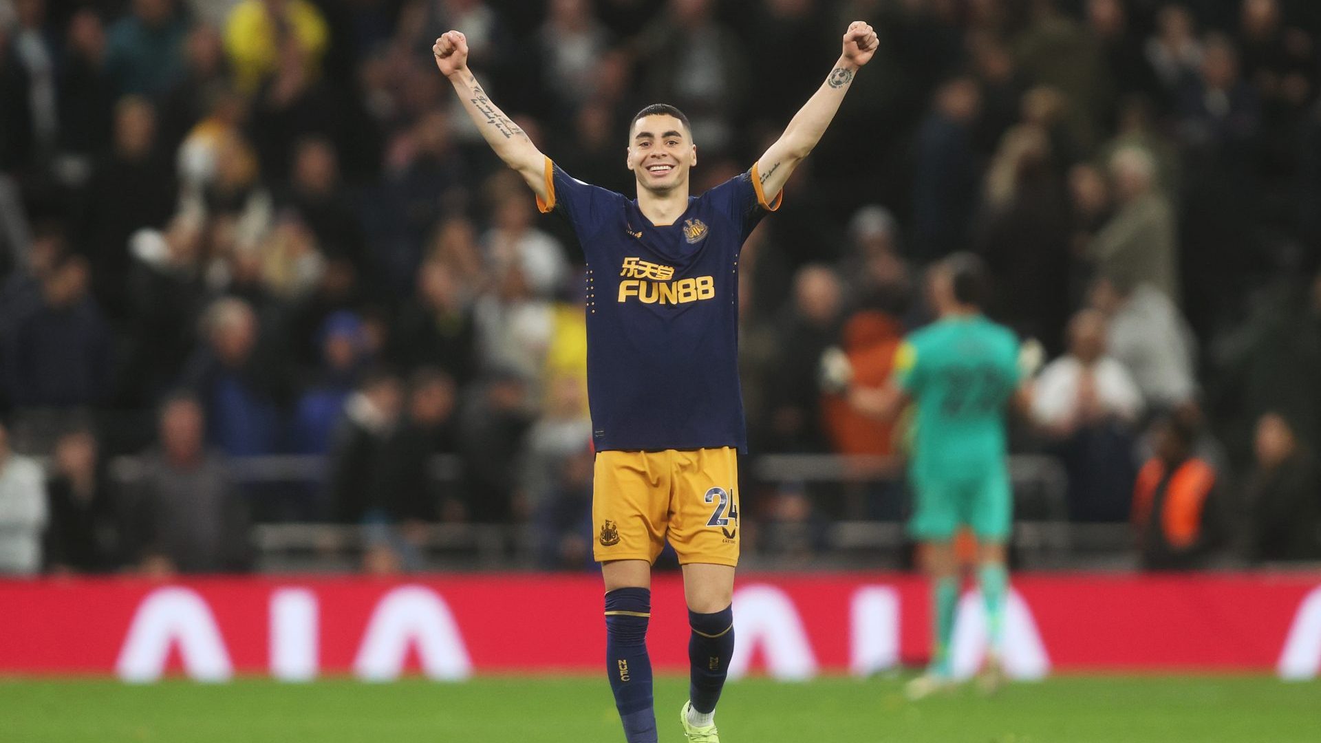 Newcastle United’s Miguel Almirón celebrates his side’s 
victory over Tottenham 
Hotspur on Sunday. Photo: Julian Finney/Getty