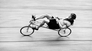 Francis Faure on his soon-to-be banned horizontal bicycle, March 1934. Photo: Keystone-France