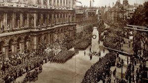 Crowds gather at the Cenotaph in London for a victory parade on June 19 1919 to mark the peace treaty signed at Versailles after the first world war. Photo: Universal History Archive/ Universal Images/Getty