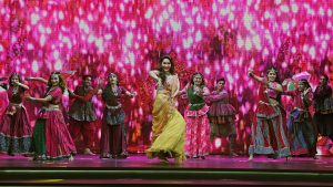Bollywood actress Madhuri Dixit dances during the Amazon Prime Video launch in Mumbai. Photo: Ashish Vaishnav/SOPA Images/LightRocket via Getty Images