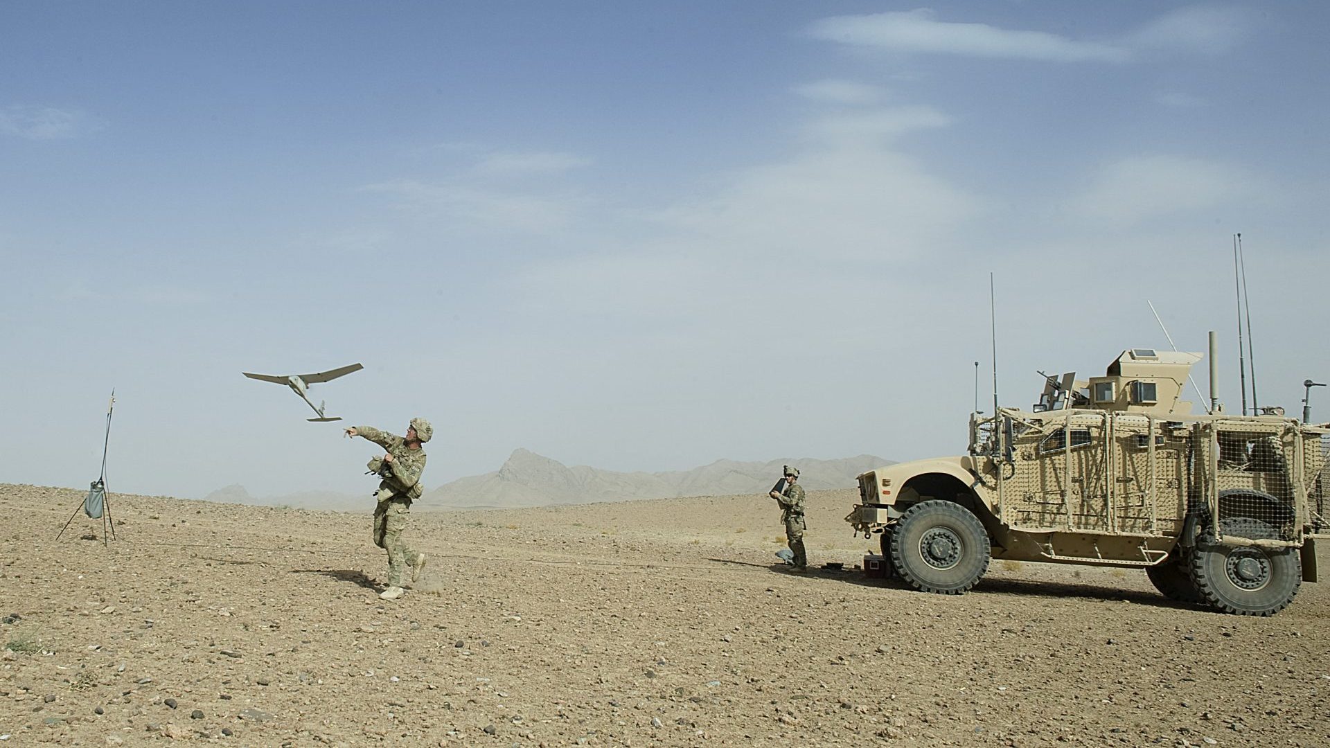 An aerial reconnaissance vessel is lauched by an American soldier. Photo: Tony Karumba/AFP/
Getty