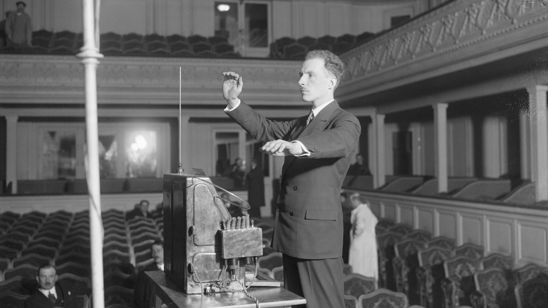 Professor Leon Theremin demonstrating his electronic musical instrument in Paris, 
December 1927. Photo: Bettmann/Getty