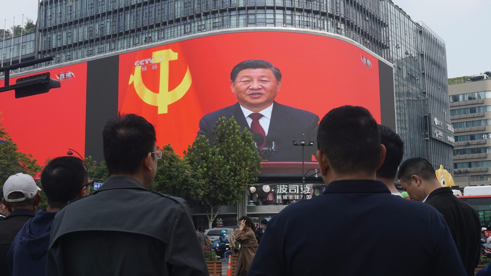 A giant screen in Hangzhou shows a televised speech by Xi Jinping at the closing ceremony of the 20th Communist Party Congress, October 2022. Photo: Long Wei/Feature China/Future Publishing/ Getty