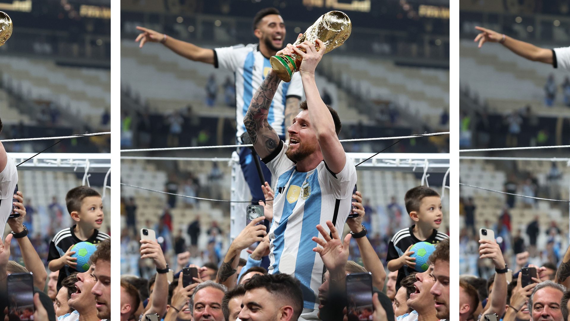 Victorious Argentina captain Lionel Messi celebrates with the World Cup Trophy after 
Sunday’s final at the Lusail Stadium in Qatar. Photo: Alex Livesey/
Danehouse/Getty