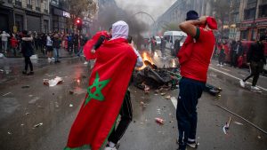Celebrations by supporters of the 
Belgian and Moroccan national 
teams descended into riots in Brussels following their World Cup group match on November 27. Photo: Nicolas Maeterlinck/Belga/
AFP/Getty