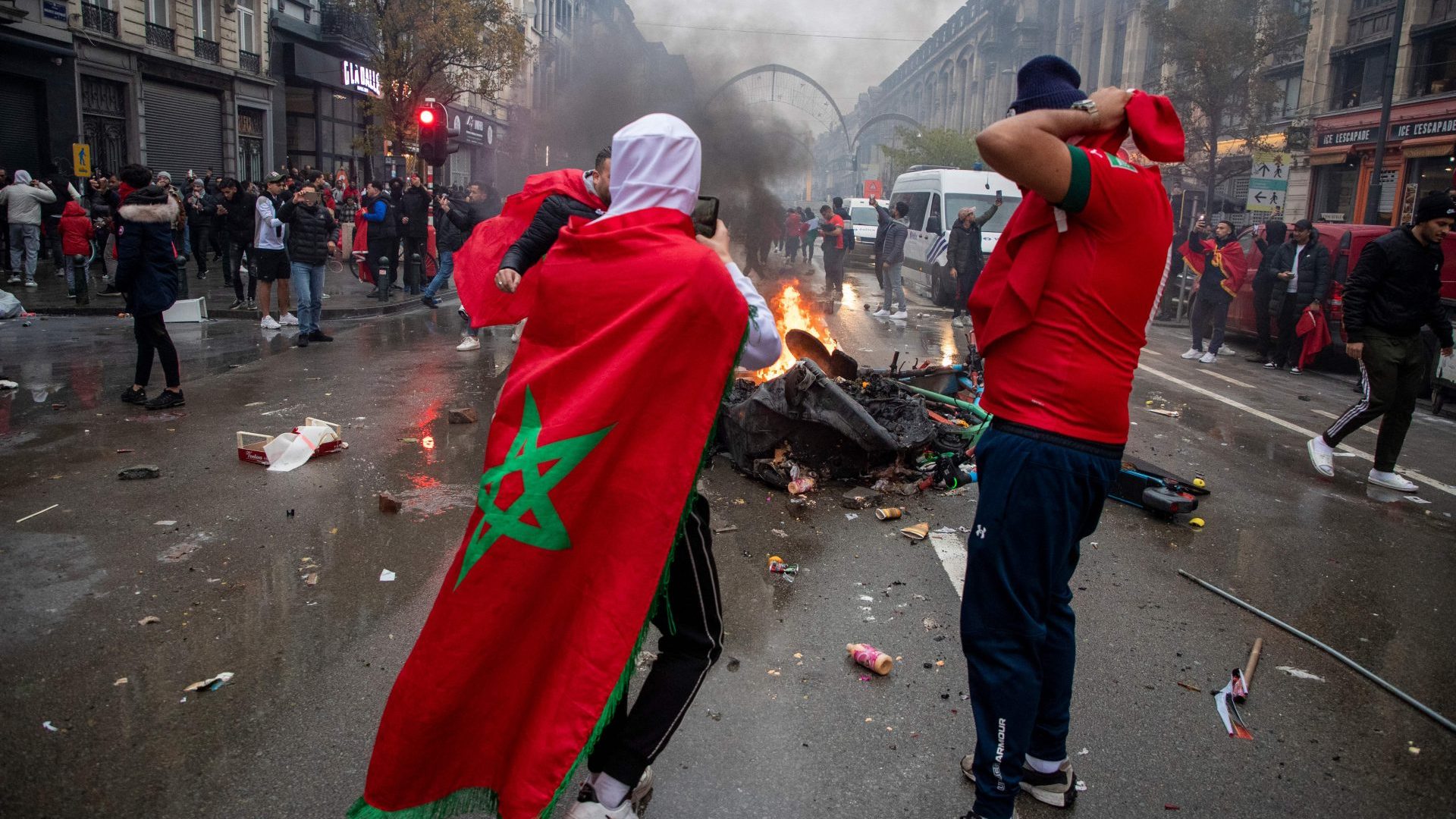 Celebrations by supporters of the 
Belgian and Moroccan national 
teams descended into riots in Brussels following their World Cup group match on November 27. Photo: Nicolas Maeterlinck/Belga/
AFP/Getty