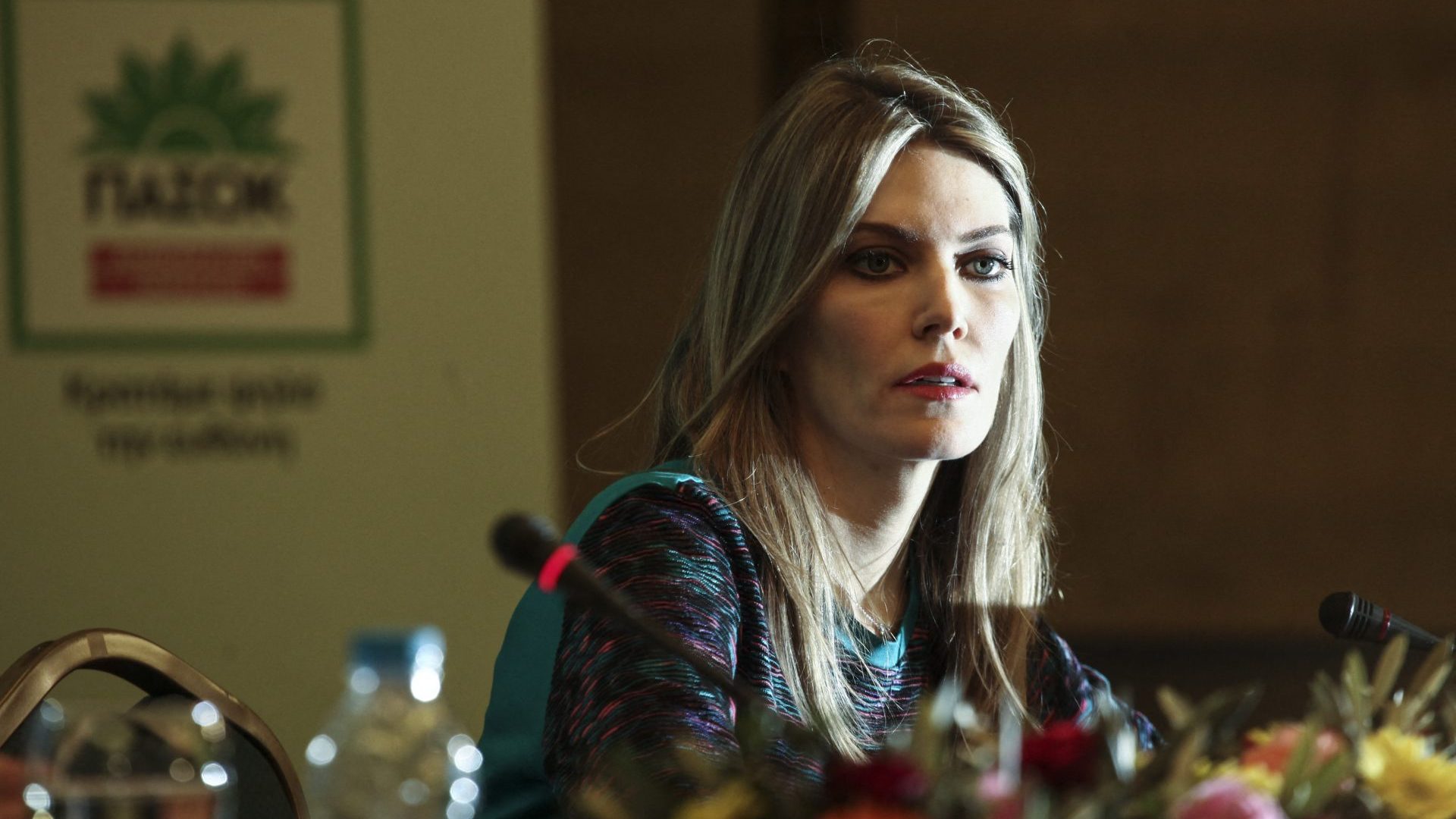  Eva Kaili attends a pre-election press conference by PASOK leader Evangelos Venizelos in Athens, Greece on Jan. 11, 2015. Photo:  Menelaos Myrillas / SOOC / SOOC via AFP