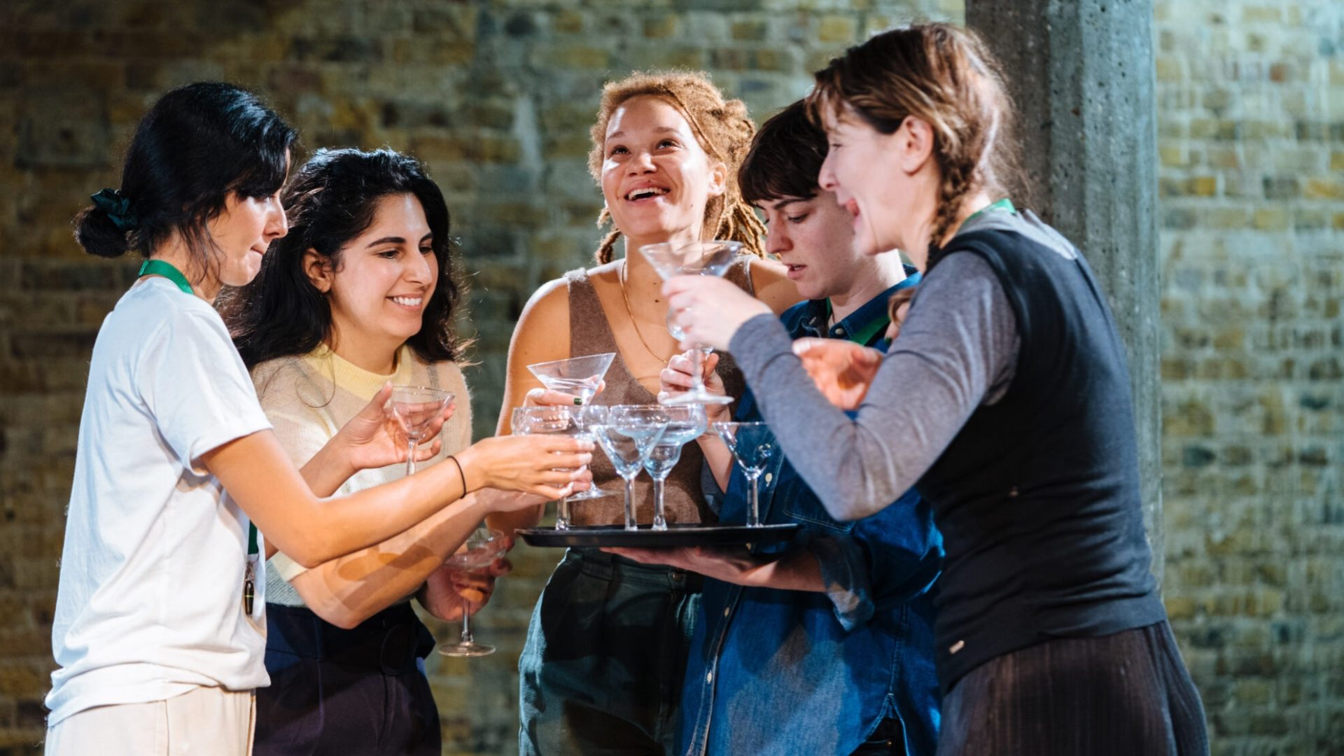 Rakhee Thakrar, Shazia Nicholls, Ayoola Smart, Annabel Baldwin and Michelle Moran in rehearsal for Paradise Now! at Bush Theatre. Photo by Helen Murray