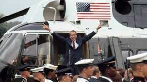 Richard Nixon boards the White House helicopter after resigning the US presidency 
in August 1974. Photo: Bettmann/Getty