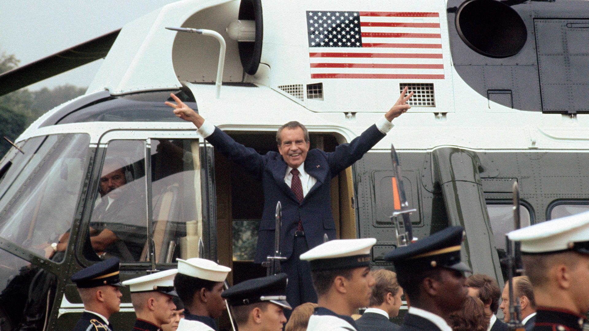 Richard Nixon boards the White House helicopter after resigning the US presidency 
in August 1974. Photo: Bettmann/Getty