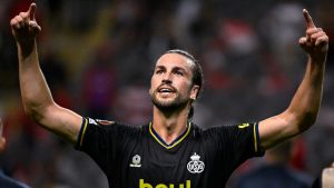 Union Saint-Gilloise's Christian Burgess celebrates following victory over Portugal's Braga in the Europa League (Photo by LAURIE DIEFFEMBACQ/BELGA MAG/AFP via Getty Images)