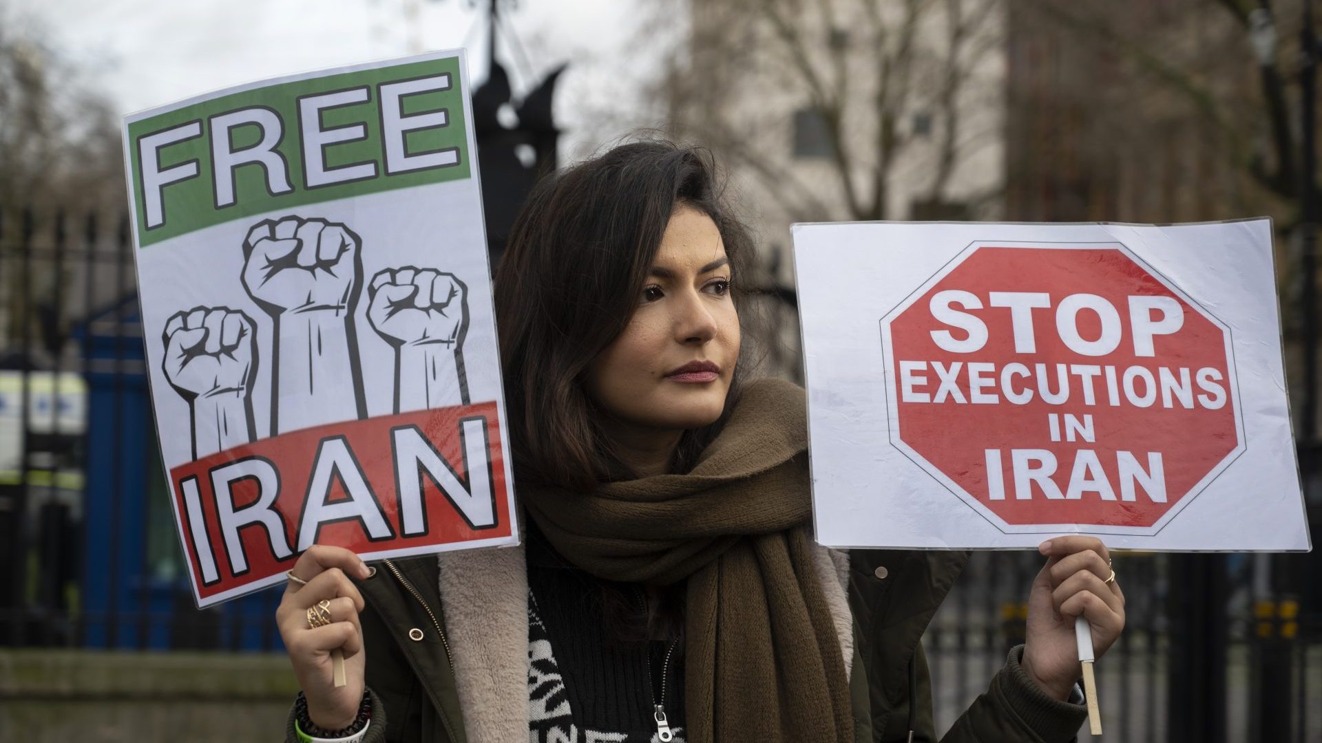 A group of Iranians demonstrate for change in Iran and against execution opposite Downing Street on January 14th 2023 in London, United Kingdom.. Photo: Jenny Matthews/In Pictures via Getty Images