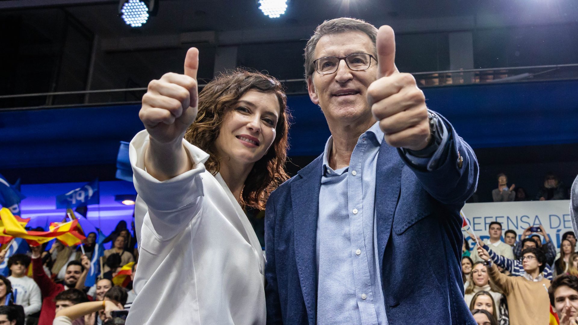 Isabel Díaz Ayuso, the president of the Community of Madrid, alongside Partido Popular leader Alberto Nuñez Feijóo. Photo: Carlos Lujan/Europa Press/Getty