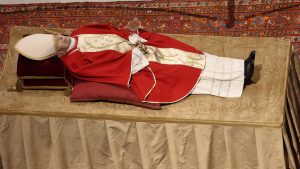 The body of Pope Emeritus Benedict XVI lying in state in St Peter’s Basilica for the last farewell of the faithful, Vatican City, January 3 2023. Photo: Grzegorz Galazka/ Mondadori Portfolio/Getty