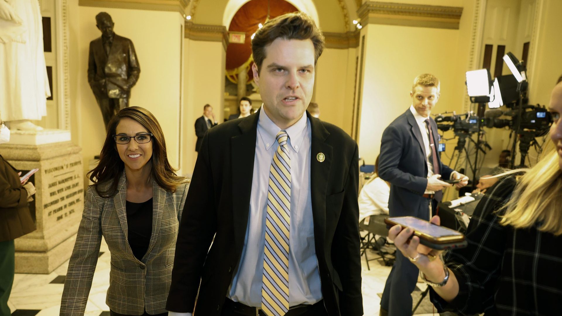 Trump allies Lauren Boebert and Matt Gaetz walk to the House Chamber during the third day of elections for Speaker of the House at the Capitol Building, January 5. Photo: Tasos Katopodis/Getty