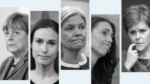 From left: Angela Merkel, Sanna Marin, Magdalena Andersson, Jacinda Ardern and Nicola Sturgeon. Photos: Andy Buchanan/Pool/AFP; Nicolas Economou/NurPhoto; Janine Schmitz/Photothek; Kerry Marshall; Jonathan Nackstrand/AFP/Getty