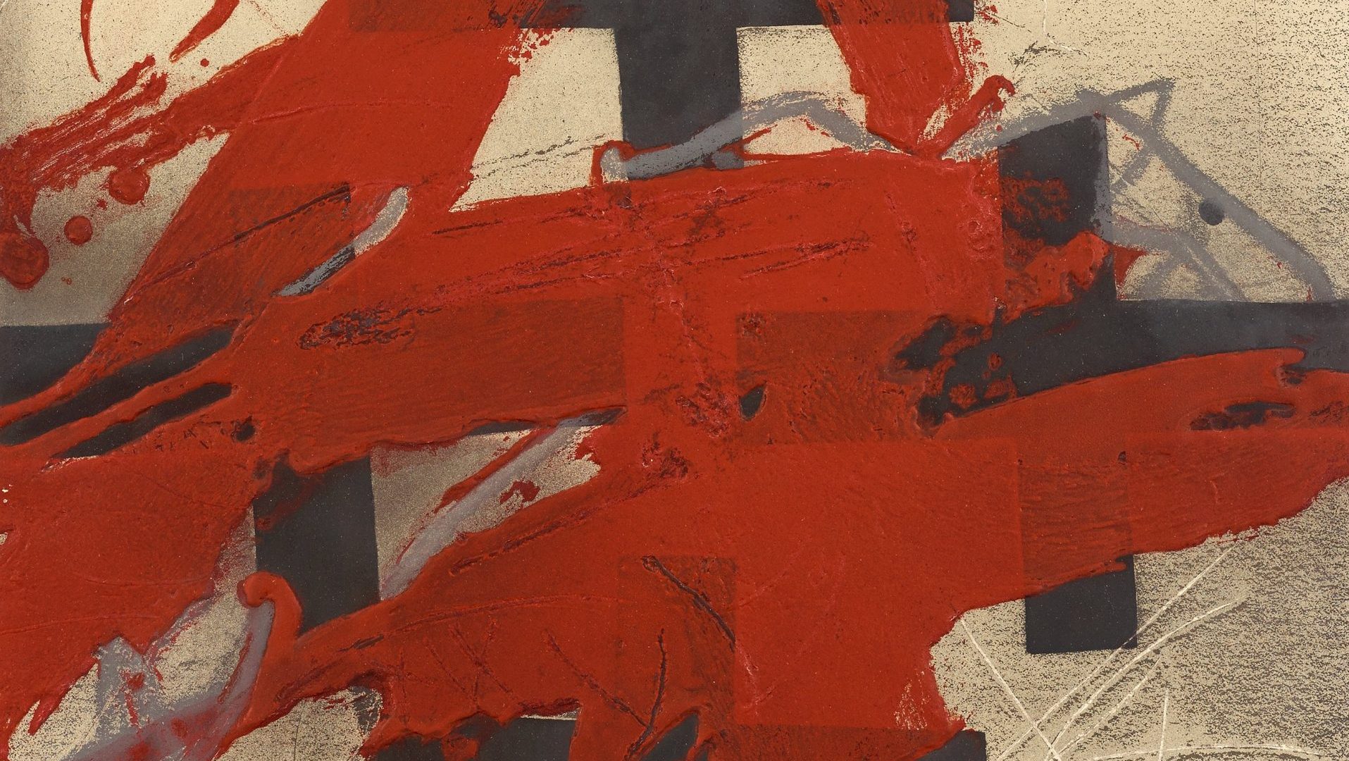 Opposite page: Antoni Tàpies’ Cobert de roig (Covered with red), etching in colours, with relief and grattage, 1984. Photo: Fundació 
Antoni Tàpies