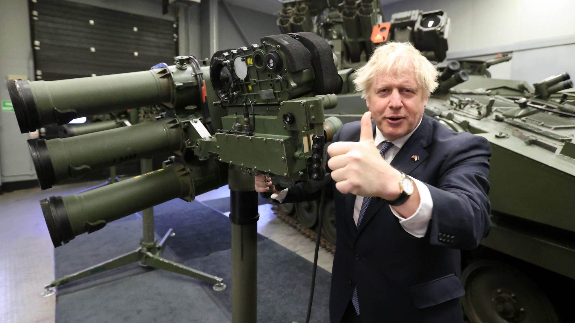Boris Johnson with a Mark 3 shoulder launch LML missile system at Thales weapons manufacturer during a visit to Northern Ireland (Photo by Liam McBurney - Pool/Getty Images)
