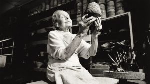 Lucie Rie in her studio 
at Albion Mews, 1990s. Photo: Lucie Rie/Times Newspapers Ltd