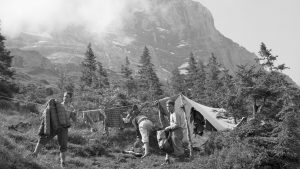 Climbers set up a bivouac camp during their ascent of the north face of the Eiger, 1958. Photo: Milou Steiner/RDB/ullstein bild/Getty