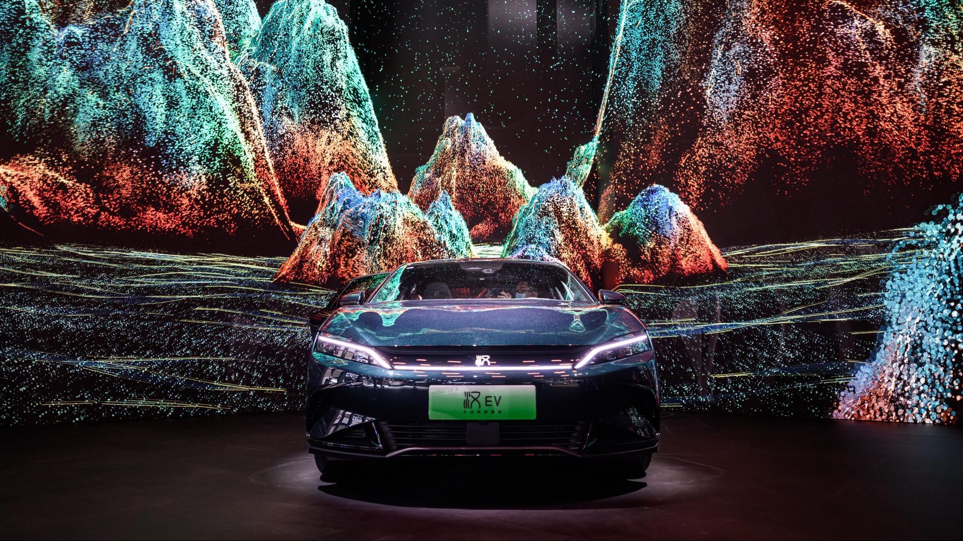 A BYD Han EV is on display during the Guangzhou international automobile exhibition on January 7, 2023 (Photo by John Ricky/Anadolu Agency via Getty Images)