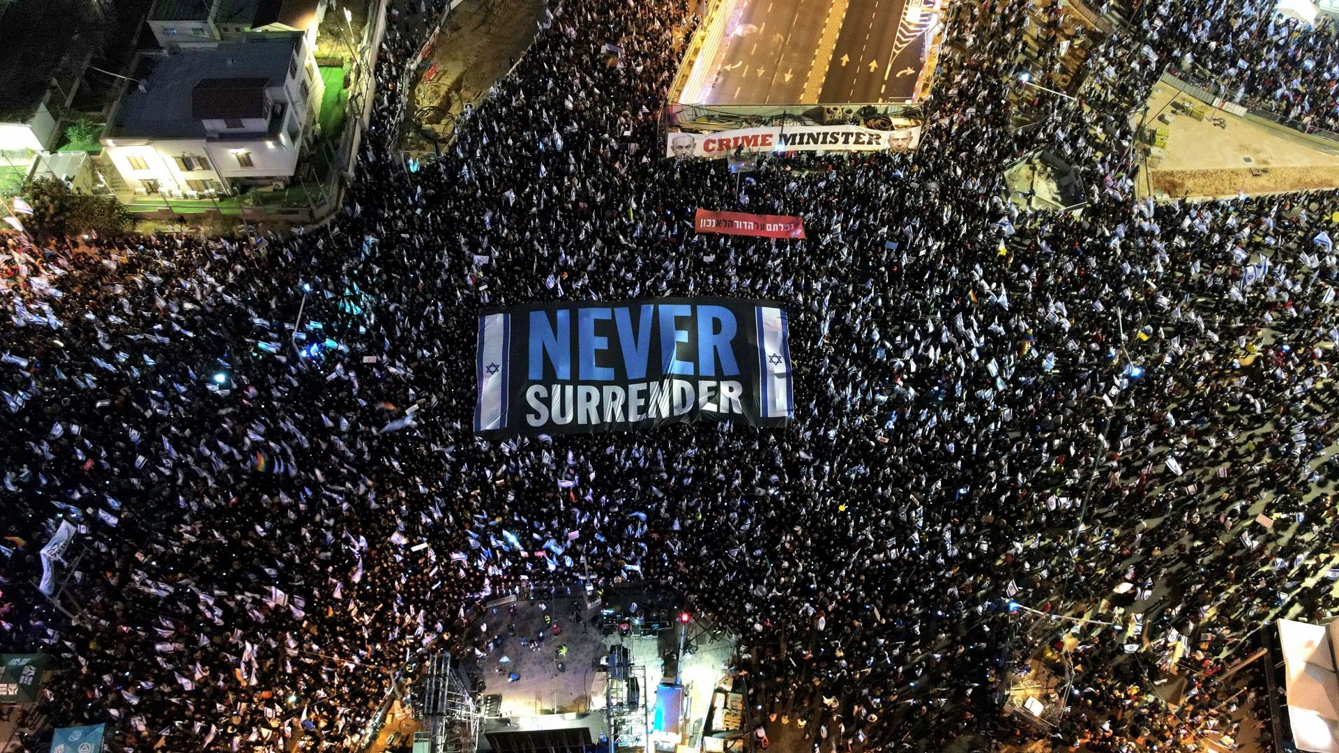  An aerial view of the area as anti-Netenyahu protestors gather during protests continue against Israeli Prime Minister Binyamin Netanyahu's government's regulations restricting the powers of the judiciary in Rehovot, Israel. Photo: Amir Goldstein/Anadolu Agency via Getty Images