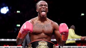 KSI celebrates a win over fellow YouTuber FaZe Temperrr in an exhibition crossover boxing match at Wembley in January. Photo: Julian Finney/Getty