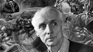 Surrealist artist Max Ernst, with his painting The Temptation of St Anthony, 1946. Photo: Bettmann/Getty