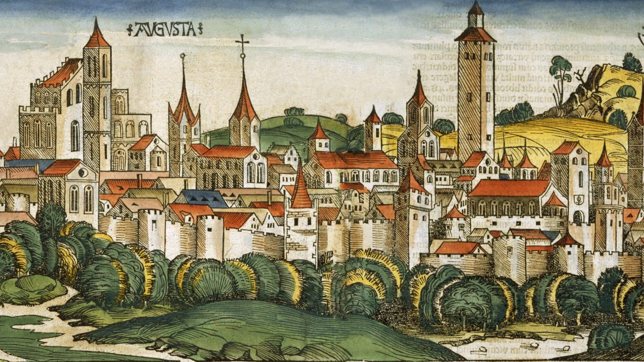 Woodcut print of the medieval town of Augsburg from Liber Chronicarum, the Book of Chroni§cles, published in 1493. Photo: Historical Picture Archive/Corbis Historical