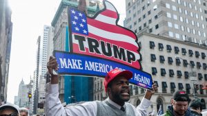 A Donald Trump supporter takes part in a rally that placed special emphasis on support for Trump from minority communities and women in the run-up to the 2016 presidential election. Photo: Albin Lohr-Jones/Pacific Press/LightRocket/Getty