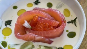 Pablo Urain Alfonso’s beetroot-cured salmon with ajoblanco