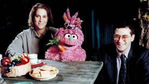 Businka the Muppet invites Natasha Lance Rogoff and Leonid Zagalsky to a picnic in the Ulitsa Sezam studio. Photo: Irina Borisova