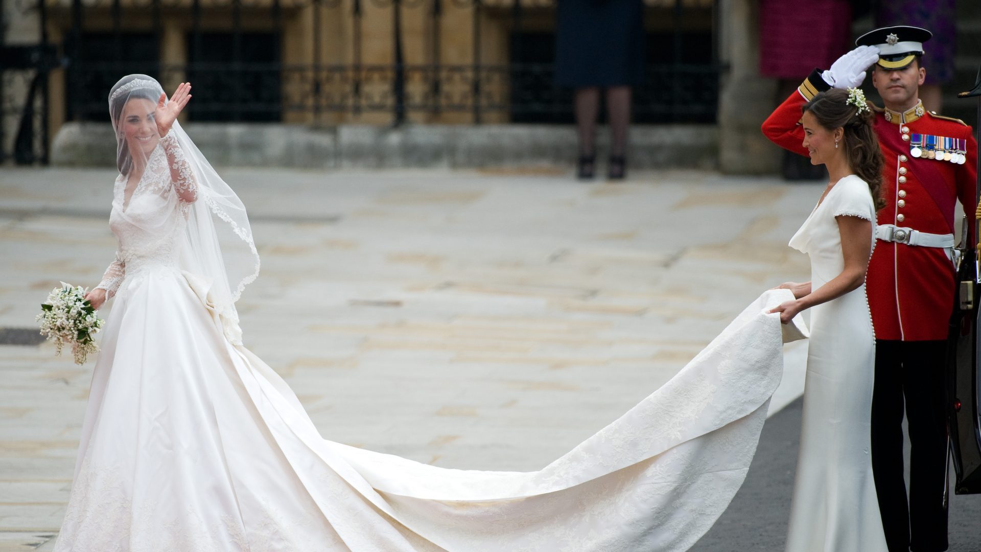 Catherine Middleton, wearing Cluny's lace, and Pippa Middleton arrive for her wedding to Prince William (Image: Getty)