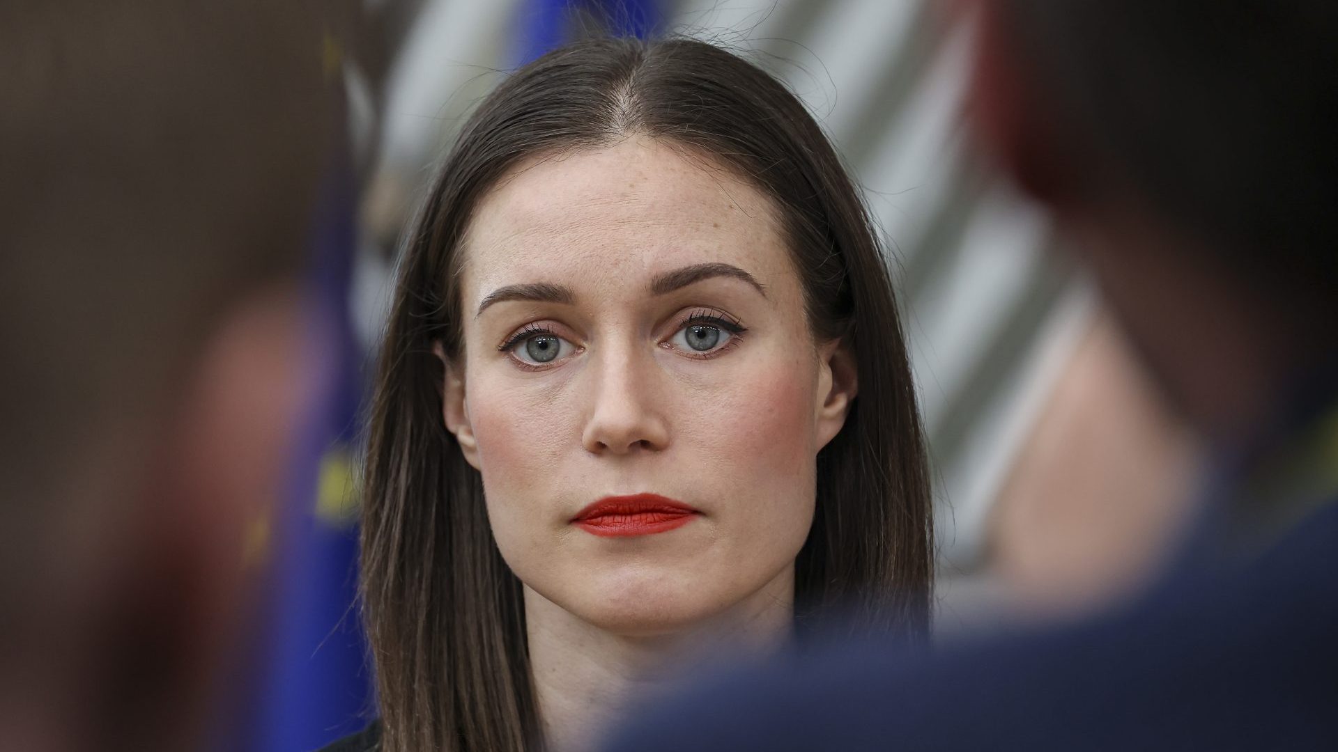 Prime Minister of Sanna Mirella Marin talks to the media at a standup doorstep media press briefing after the end of the 2-day European Council summit. Photo: Nicolas Economou/NurPhoto via Getty Images