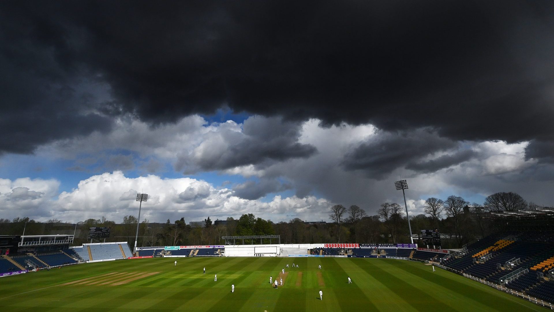 A raincloud passes over a county cricket match at Sophia Gardens in Cardiff. Photo: Dan Mullan/Getty