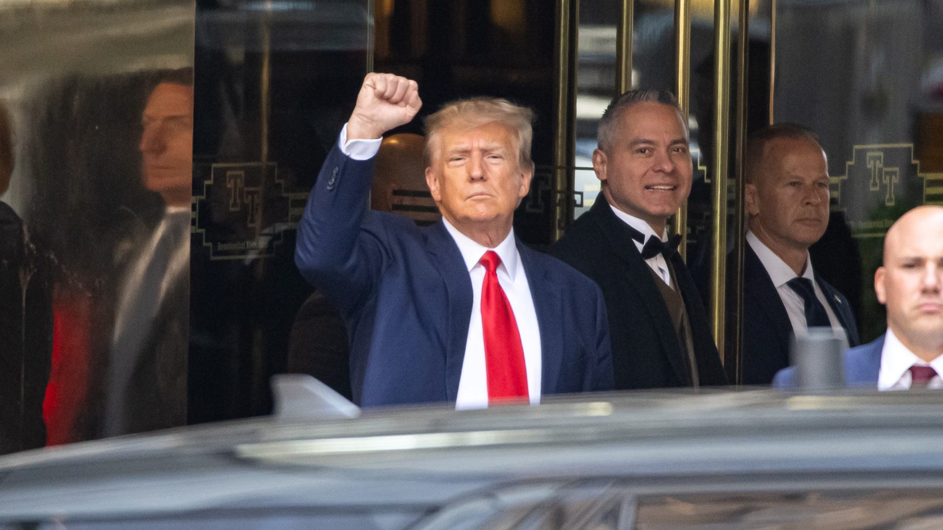 A defiant Donald Trump on his way to court. Photo: Noam Galai/GC Images/Getty