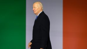 US president Joe Biden walks from the stage after addressing the crowd during a celebration event at St Muredach’s Cathedral in Ballina, County Mayo, during his recent visit to Ireland. Photo: Leon Neal/Getty