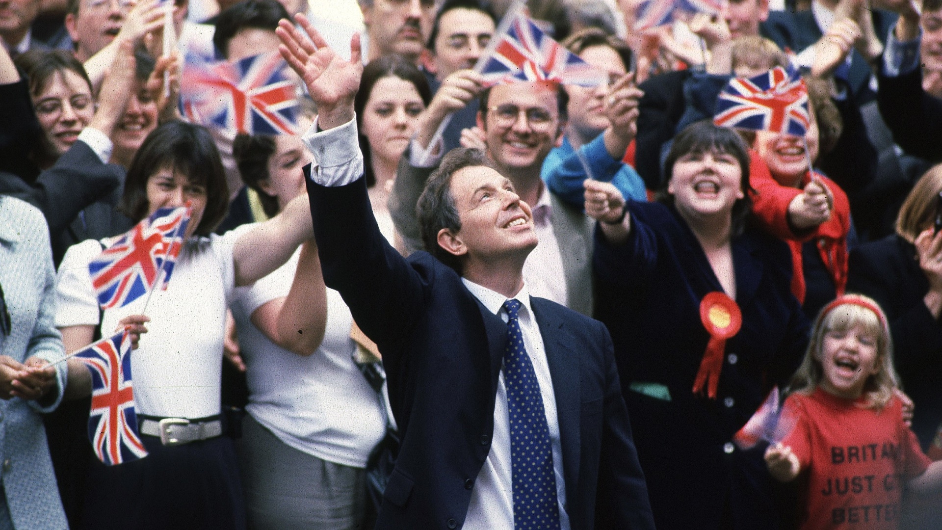 Labour supporters greet Tony Blair on the morning after his 1997 landslide election win. Photo: Jeff Overs/BBC News