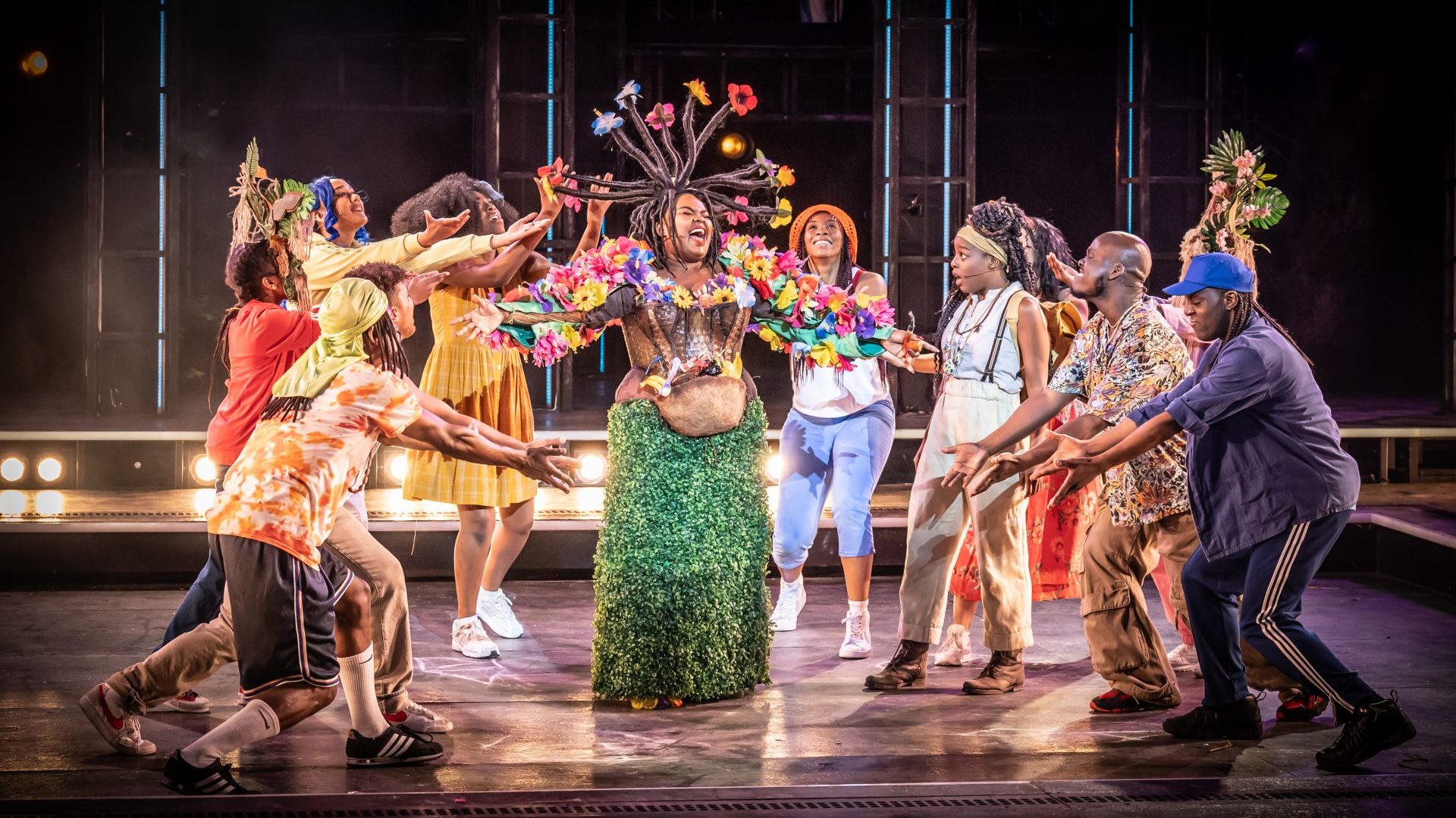 Anelisa Lamola (Asaka), Gabrielle Brooks (Ti Moune) and ensemble in Once on This Island. Picture: Marc Brenner