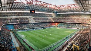 Milan’s San Siro stadium plays host to a Serie A match between AC Milan and AS Roma in October 2007. Photo: Reinaldo Coddou H/Getty 