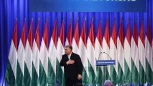 Hungary's Prime Minister Viktor Orban delivers his annual state of the nation speech. Photo: Arpad Kurucz/Anadolu Agency via Getty Images